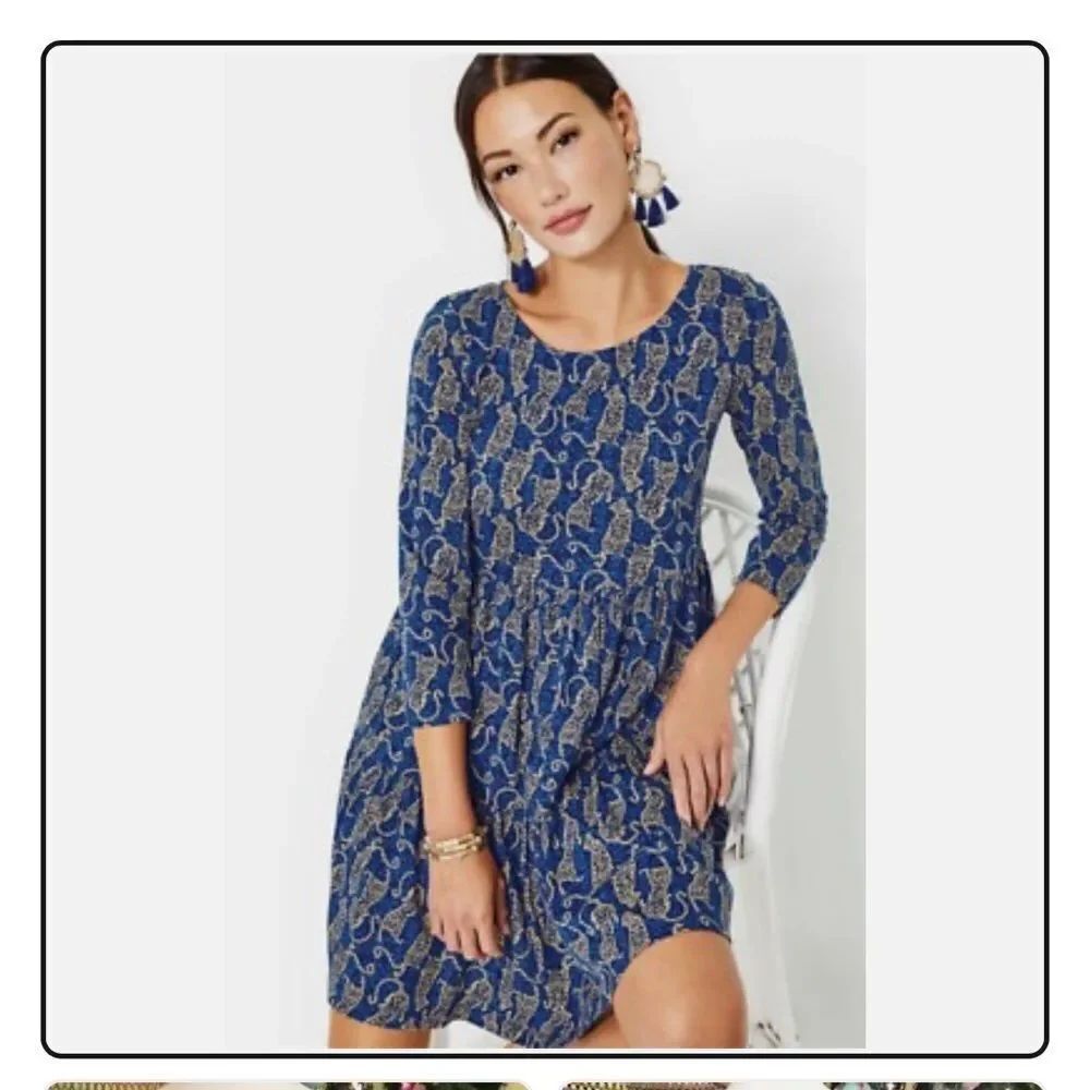 Lilly Pulitzer Geanna Dress Easy to Spot Blue & Gold Leopard Tiered XS